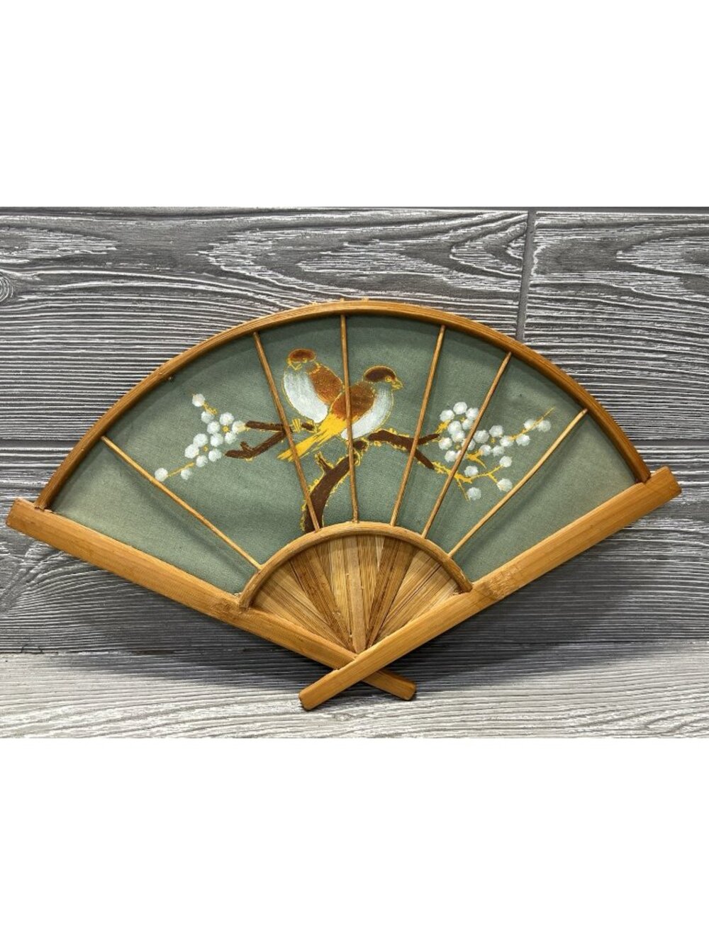 Vintage Hand Painted Decorative Green Cloth Bird Fan Wall Decor Hanging 13" x 8"